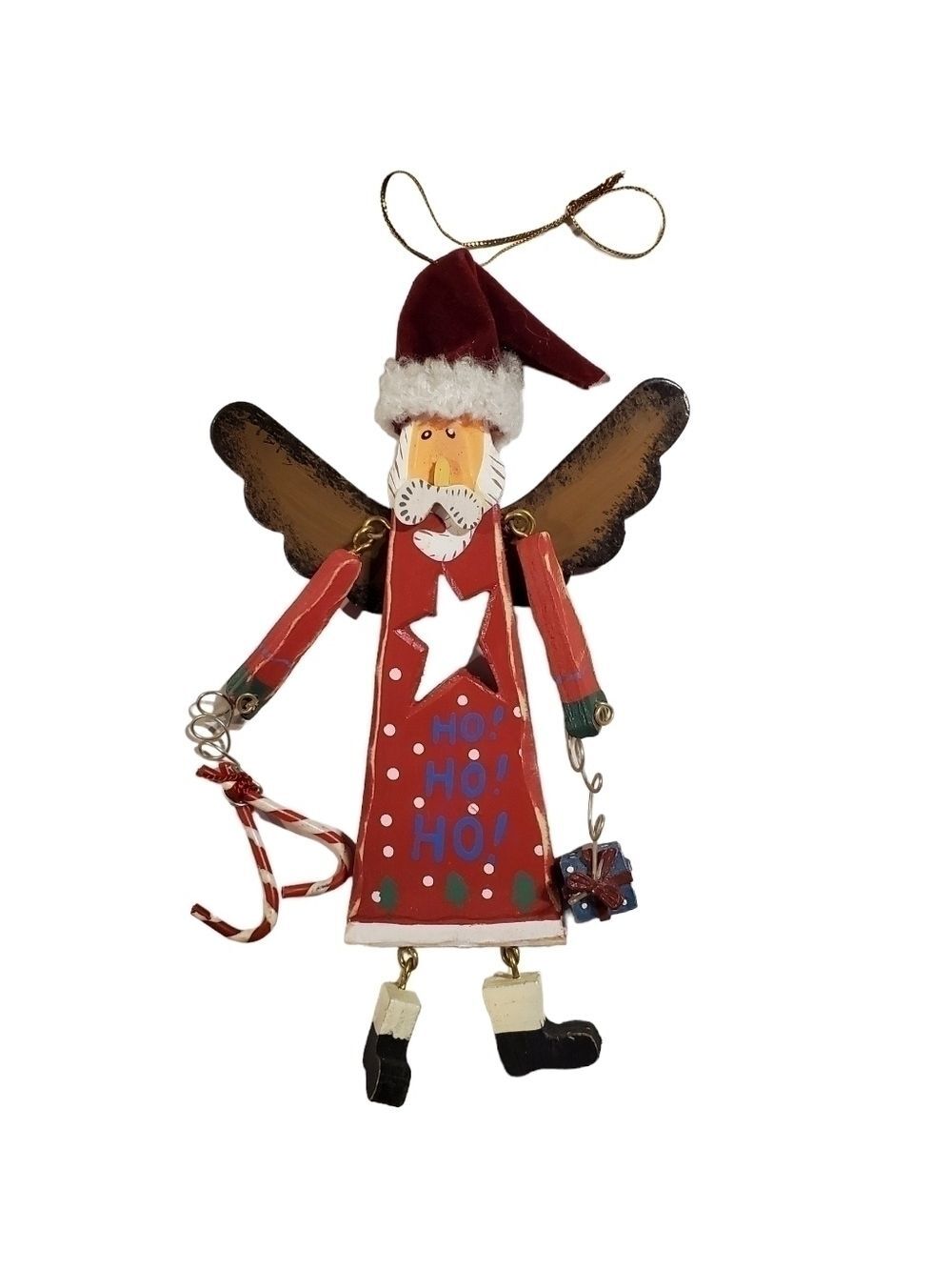 Painted rustic Wood wire Dangly Santa wings Star Candy Cane Present Ornament
